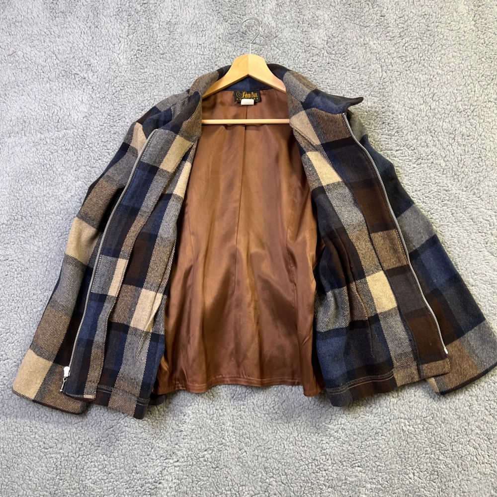 VTG David Paul New York Jacket Women L Brown Blue Plaid Wool Blend Zip Up Blazer - Picture 4 of 6